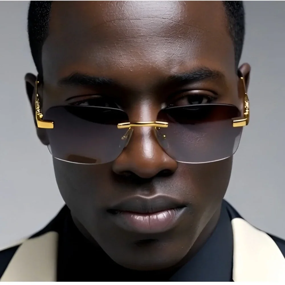 Men Sunglasses Gold Accents Rectangle Frameless Hip Hop Street Trendy Wear Gafas